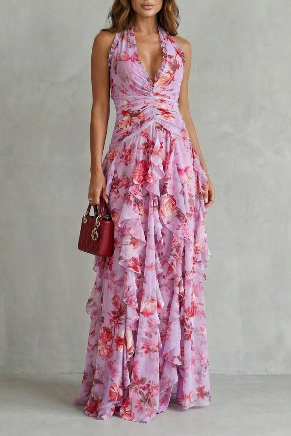 Floral Ruffle Halter Maxi Dress