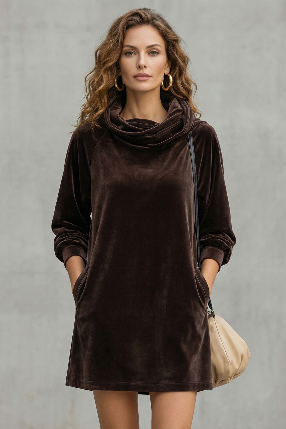 Relaxed Fit Velvet Cowl Neck Mini Dress