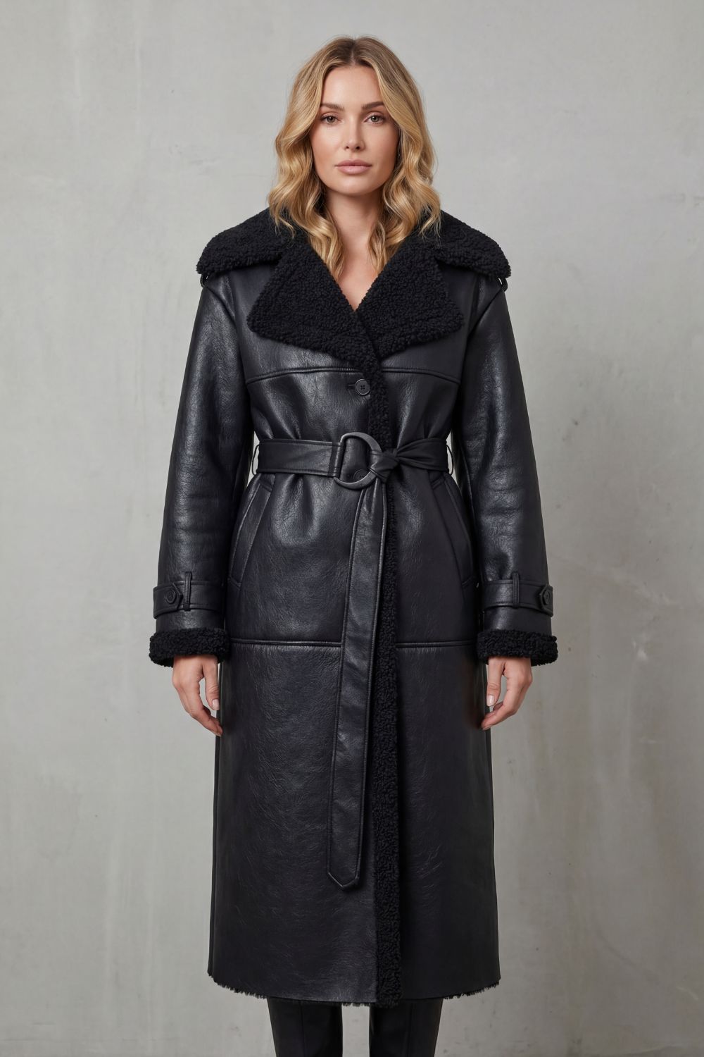 Oversized Faux Leather Shearling Coat