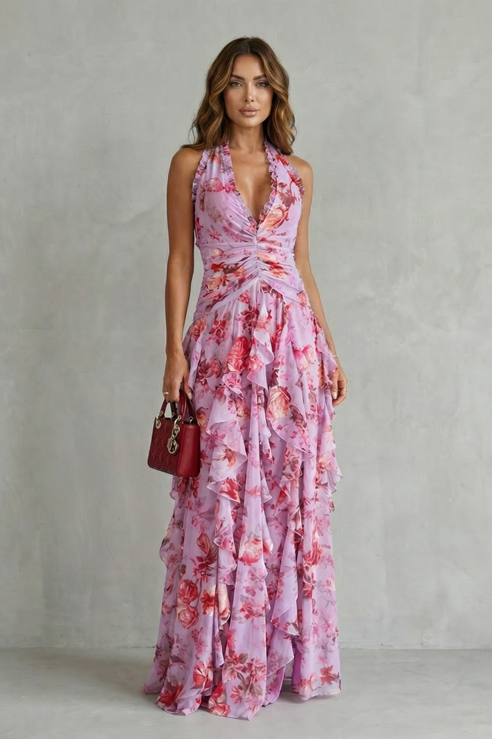 Floral Ruffle Halter Maxi Dress