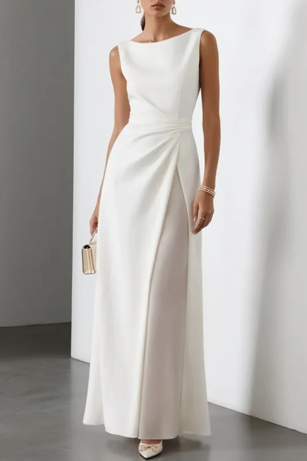 Boat Neck Draped Waist Maxi Dress Wedding Guest