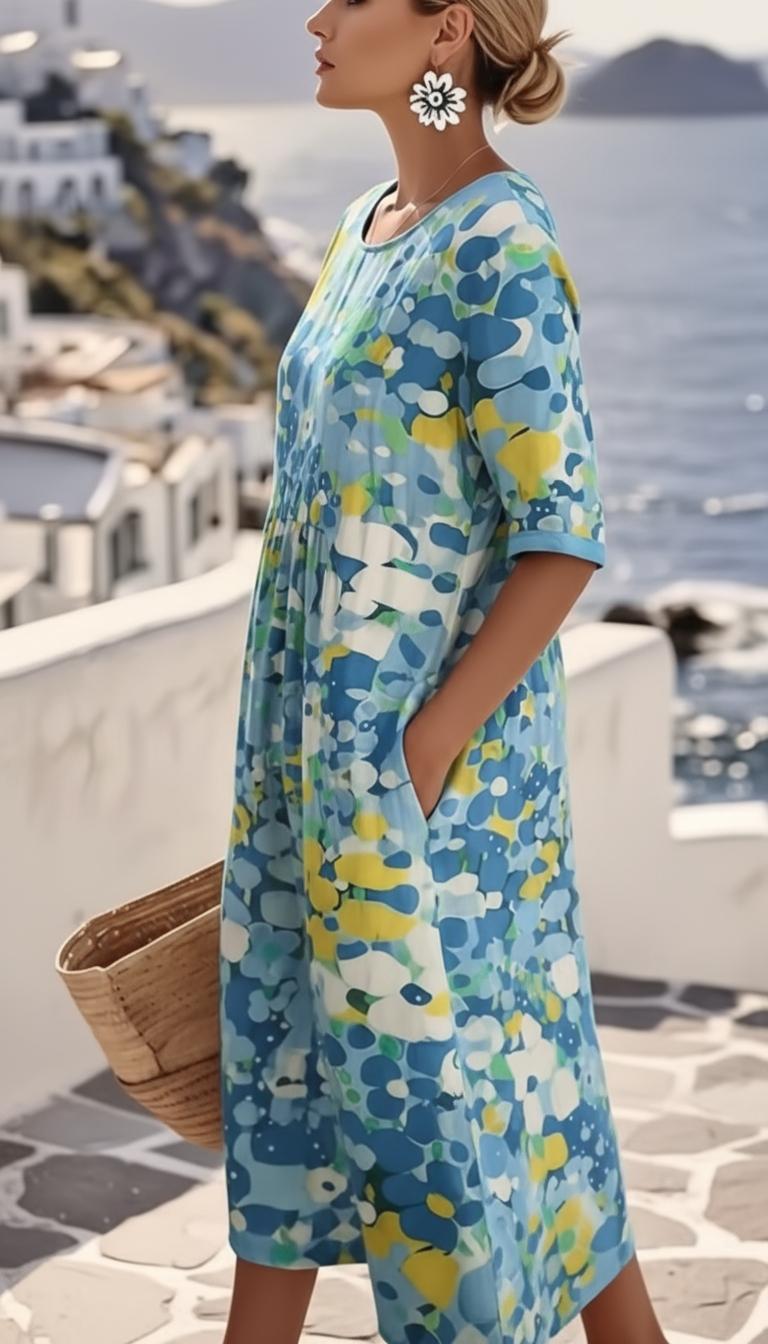 Abstract Floral Midi Dress Short Sleeve Wedding Guest