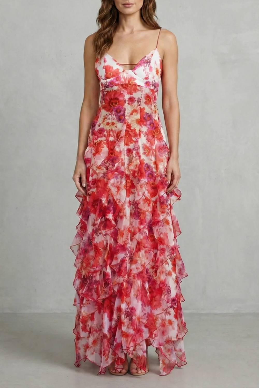 Floral V Neck Ruffled Chiffon Maxi Dress