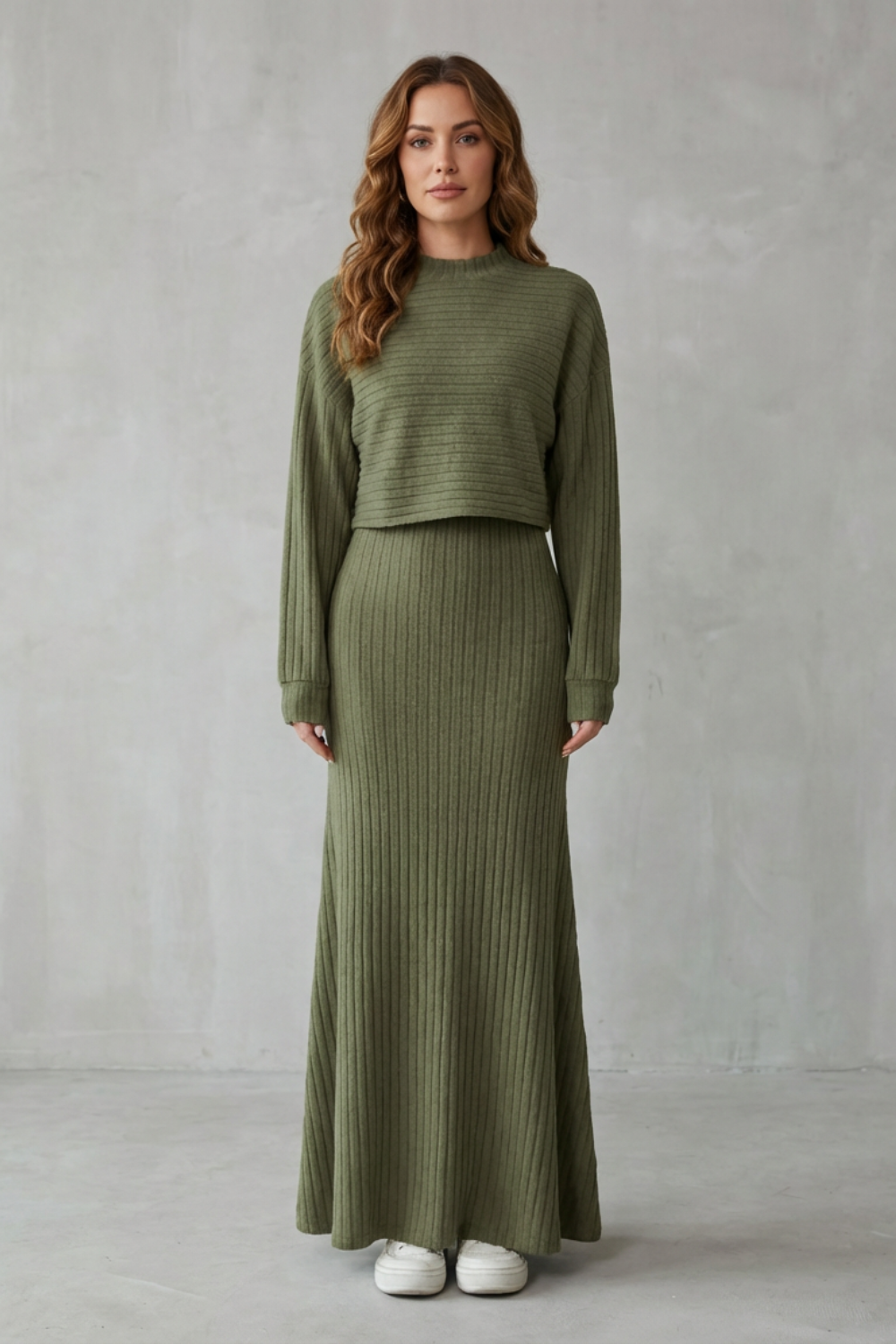 Batwing Sleeve Knit Maxi Dress & Cropped Pullover
