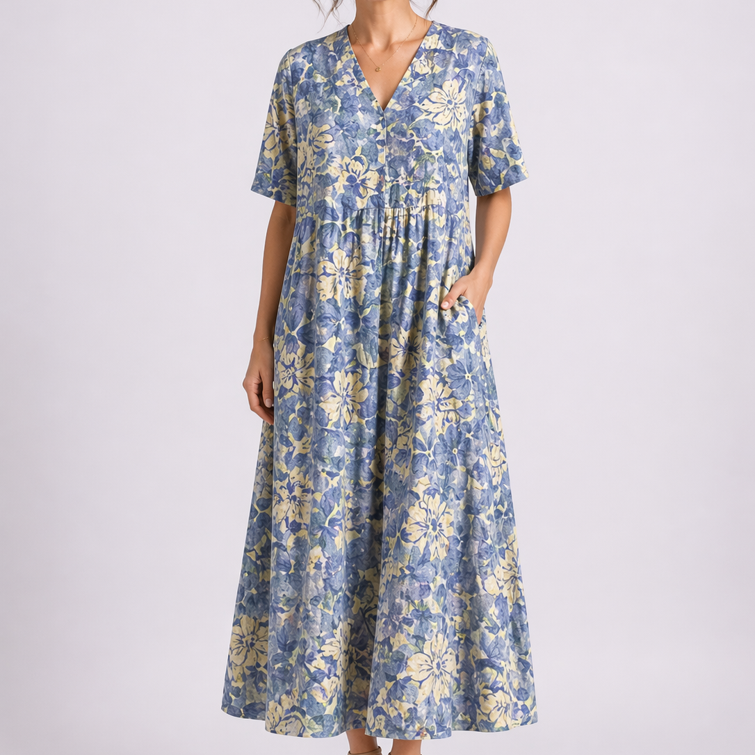 V Neck Short Sleeve Floral Midi Dress