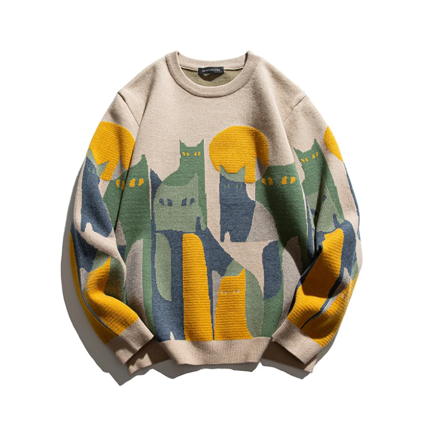 Cat Print Jumper Novelty Knit Round Neck Long Sleeve