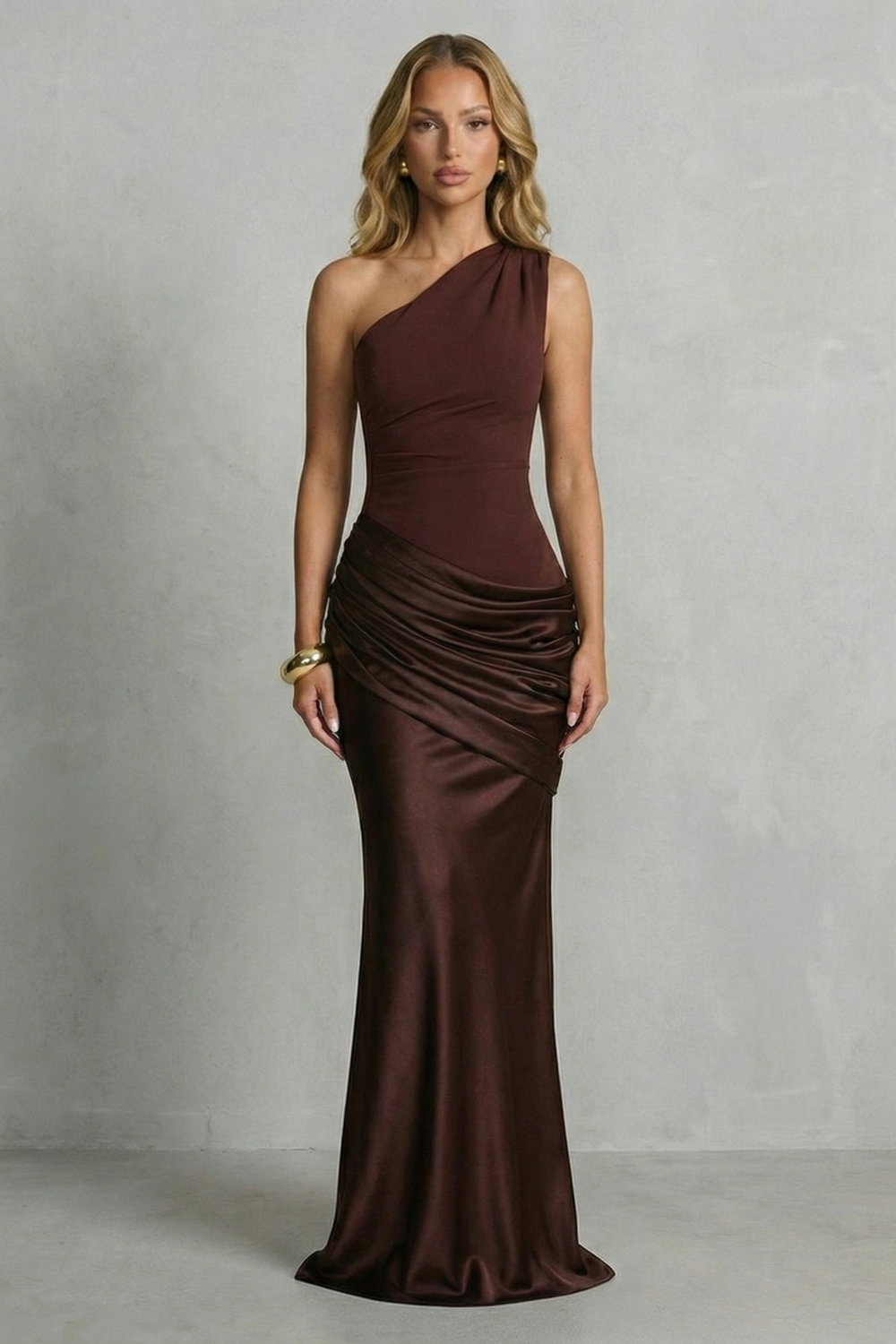Satin Floor Length One Shoulder Maxi Dress