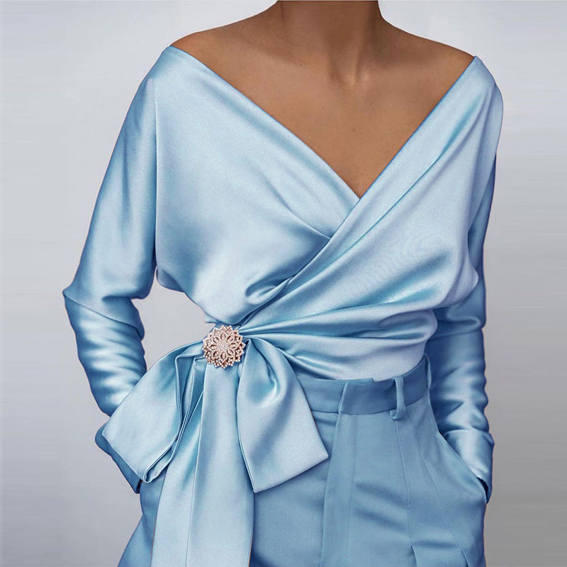 Bow Detail Wrap Blouse Feminine Casual Everyday
