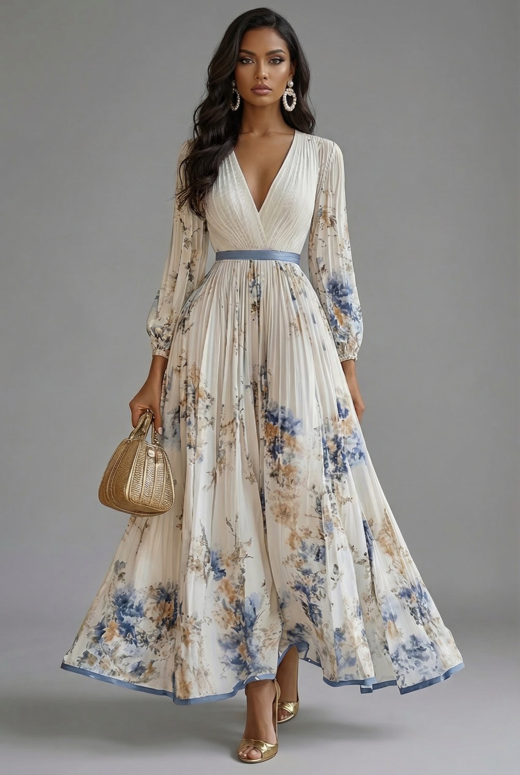 Floral Maxi Dress V-Neck Long Sleeve Ascot