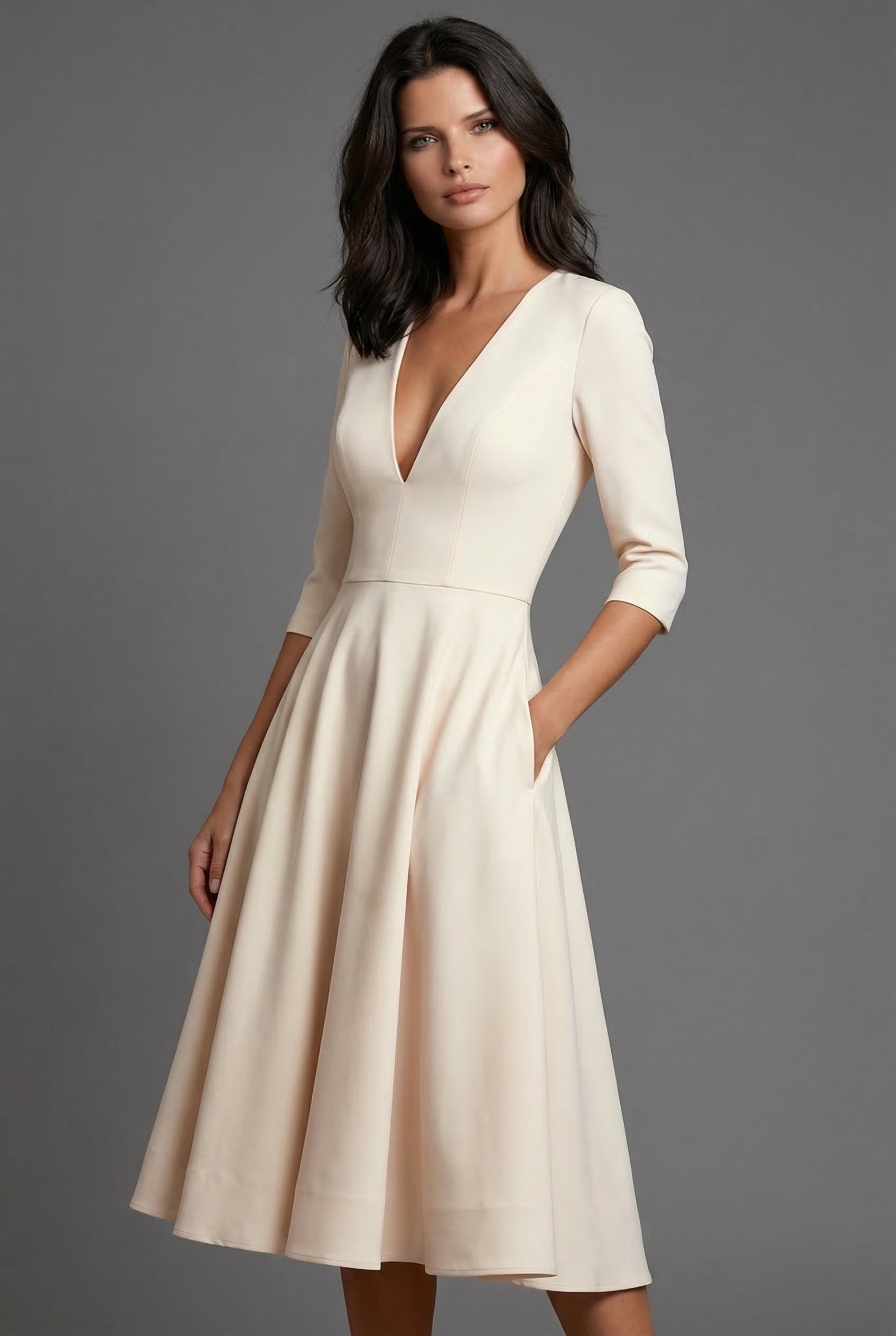 Wedding Guest Midi Dress A-Line Flared V-Neck