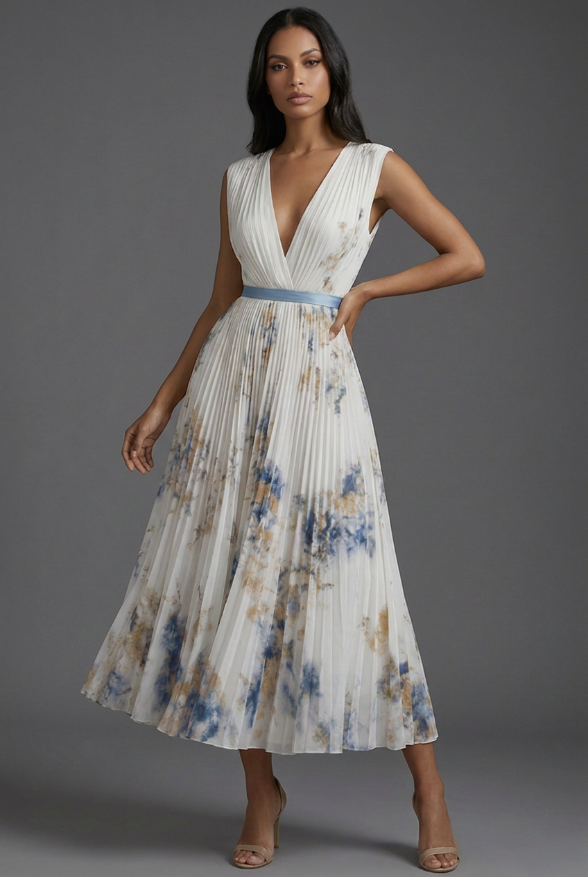 Wedding Guest Midi Dress Pleated Floral V-Neck