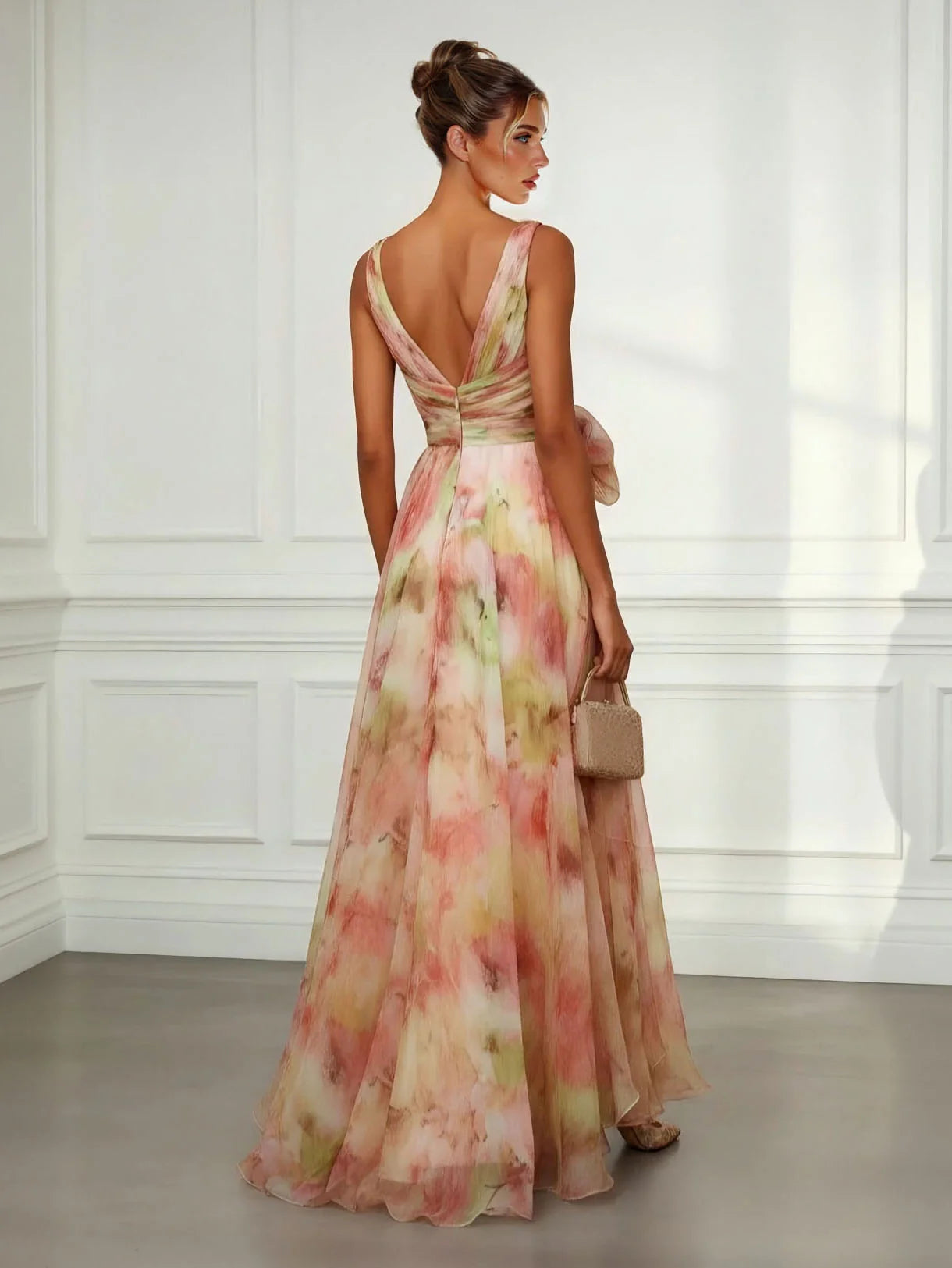 Abstract Print Maxi Dress V-Neck Tie-Waist