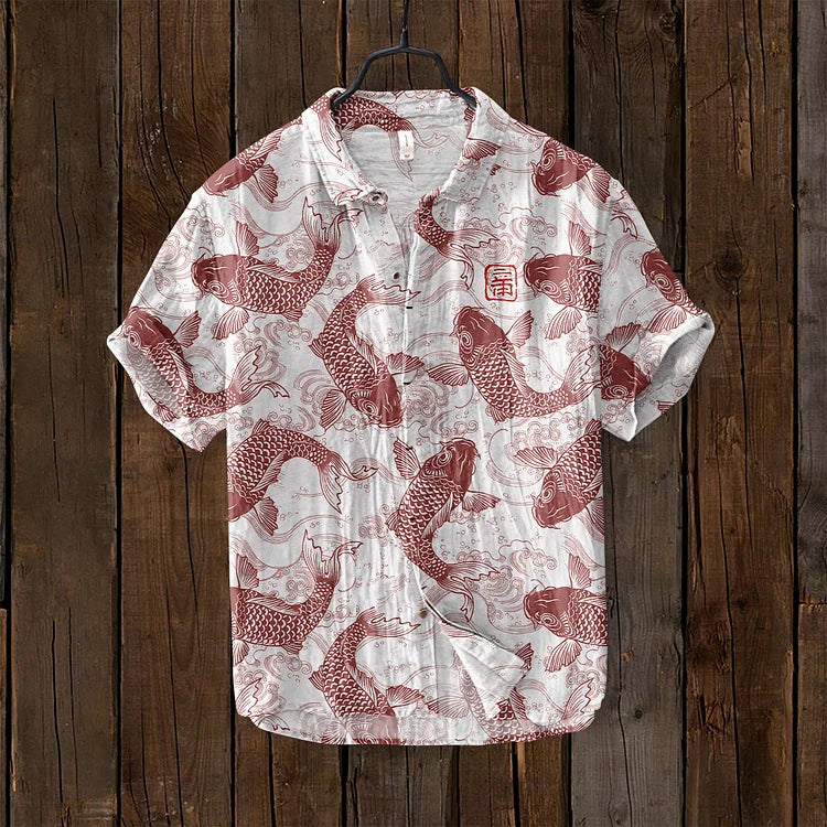 Japanese Art Print Linen Shirt Casual Statement