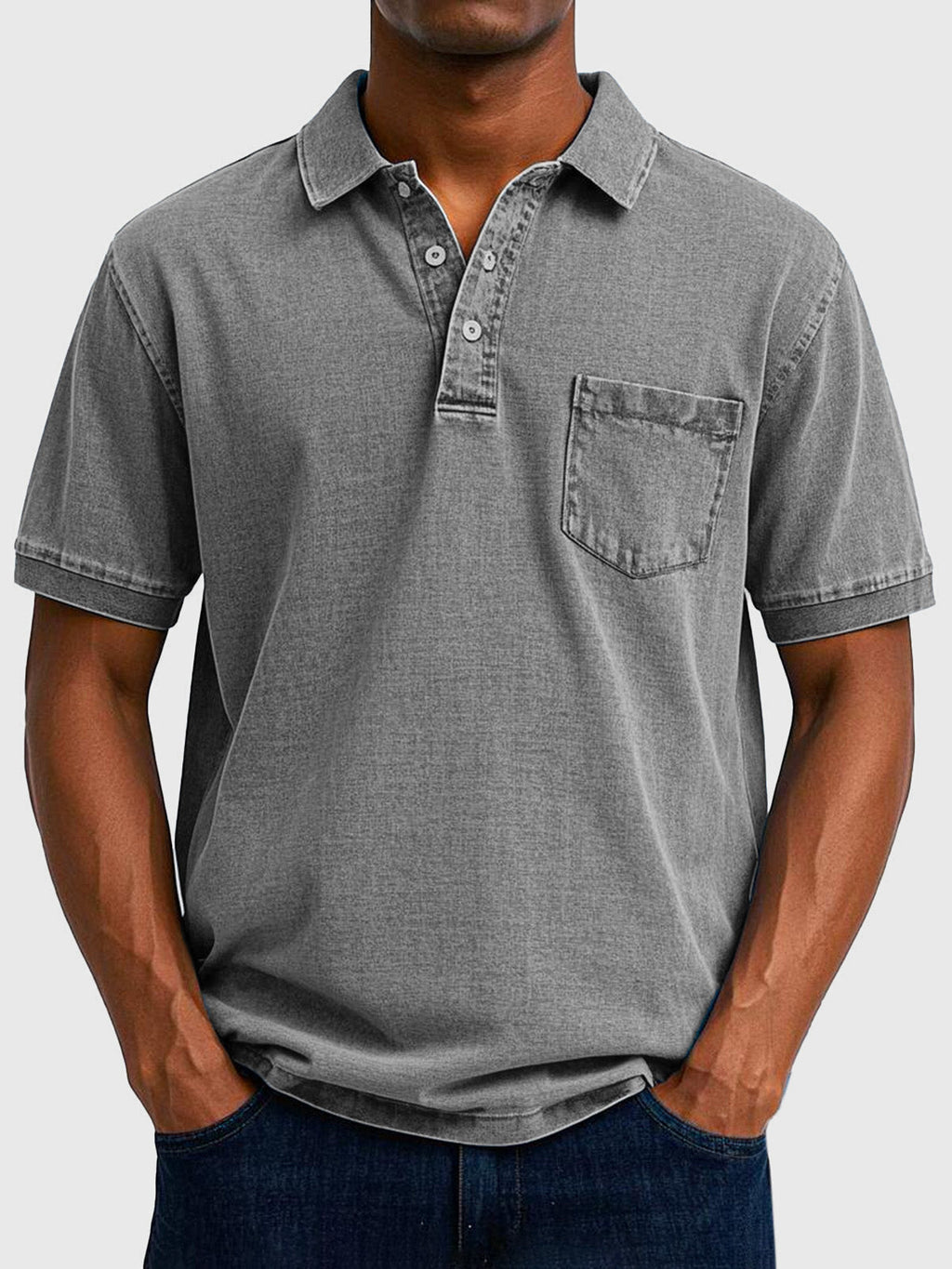 Mens Polo Shirt Cotton Denim Short Sleeve Chest Pocket