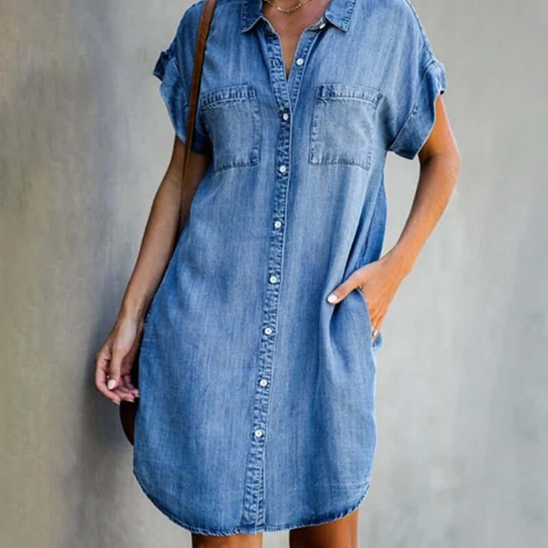 Denim Mini Dress Short Sleeve Button Front