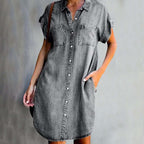 Denim Mini Dress Short Sleeve Button Front