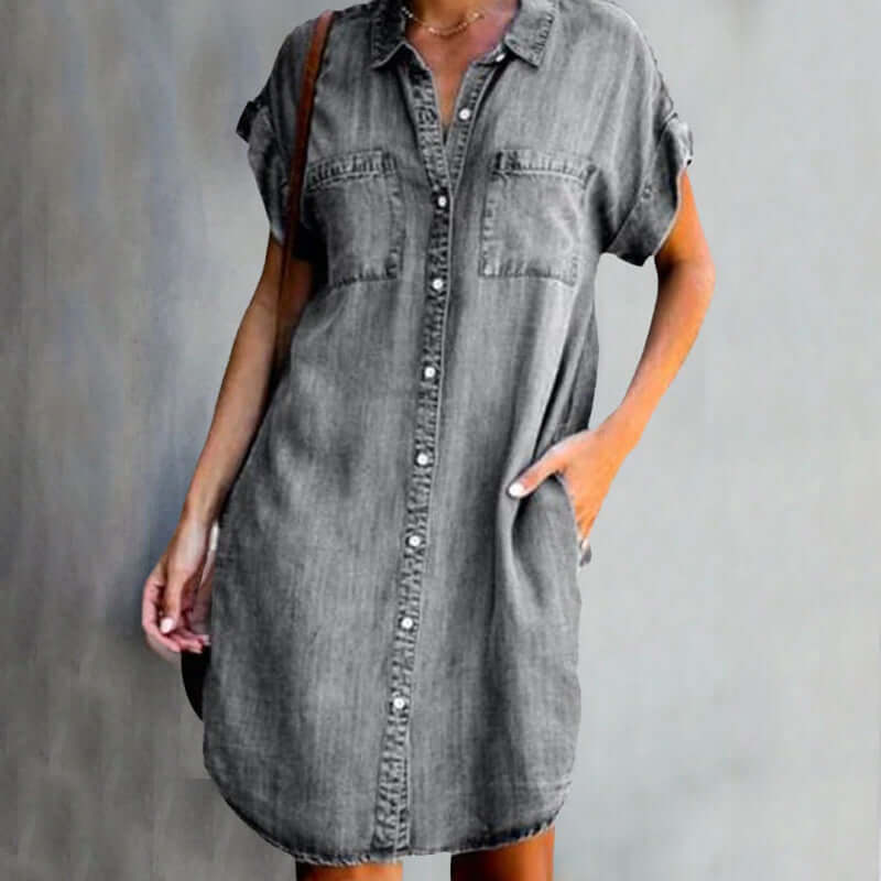 Denim Mini Dress Short Sleeve Button Front