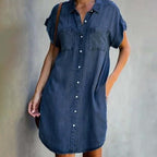 Denim Mini Dress Short Sleeve Button Front