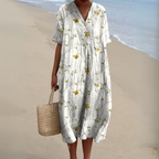 Floral Midi Dress Short Sleeve V-Neck Relaxed Fit