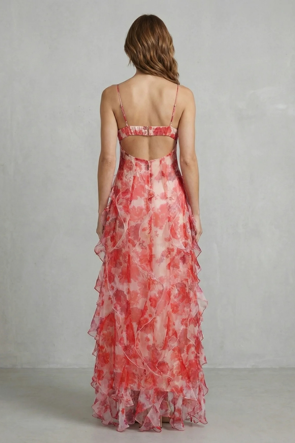 Floral V Neck Ruffled Chiffon Maxi Dress