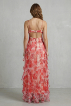 Floral V Neck Ruffled Chiffon Maxi Dress