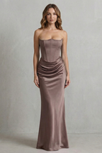 Satin Floor Length Strapless Corset Maxi Dress