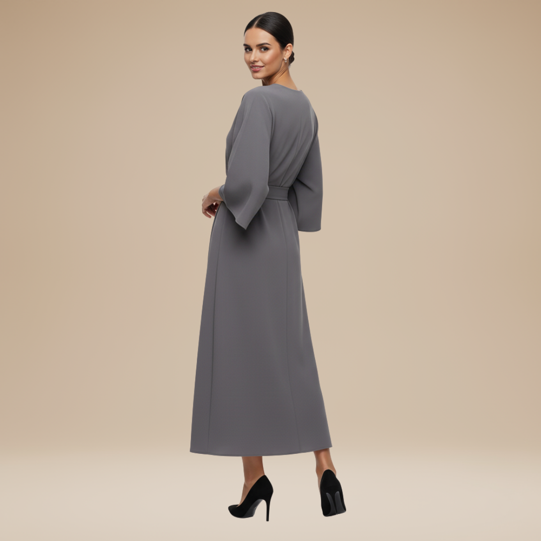 Belted Wide Sleeve Wrap Midi Dress Elegant