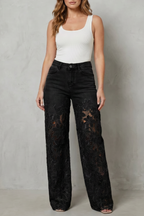 Floral Lace Wide-Leg Denim Jeans