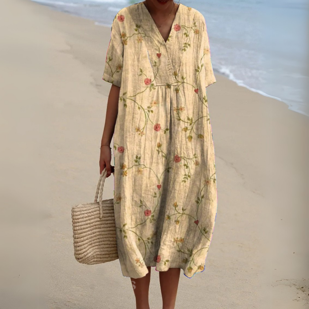 Floral Midi Dress Short Sleeve V-Neck Relaxed Fit