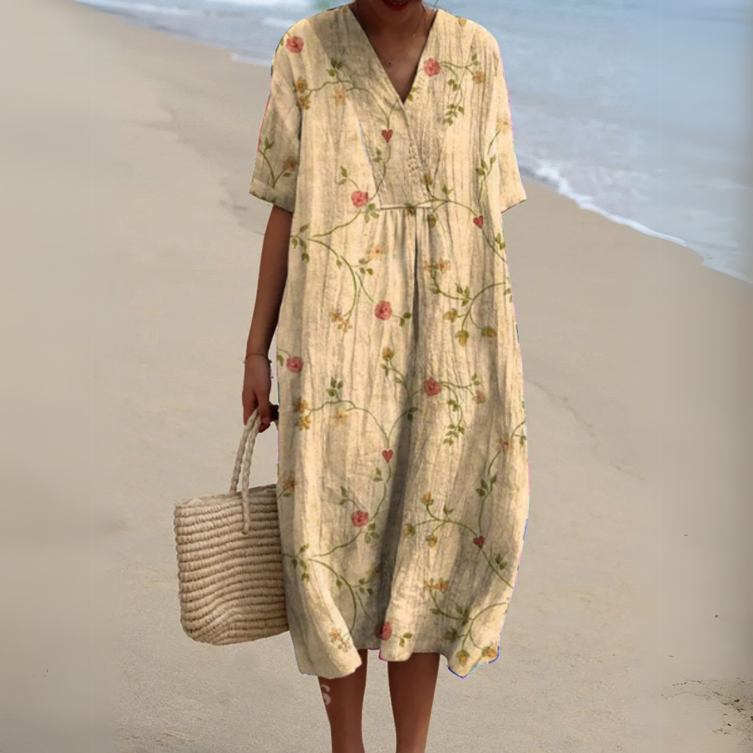 Floral Midi Dress Short Sleeve V-Neck Relaxed Fit