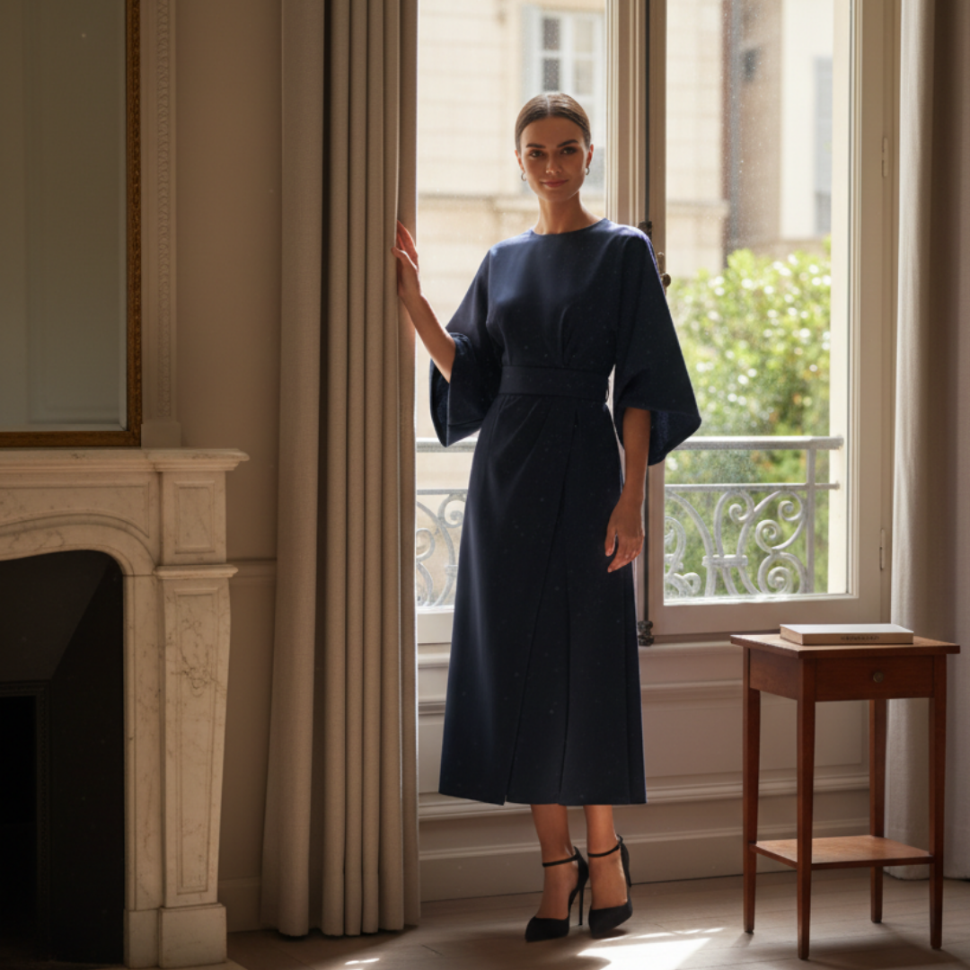 Belted Wide Sleeve Wrap Midi Dress Elegant