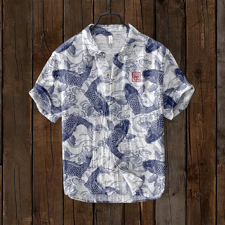 Japanese Art Print Linen Shirt Casual Statement