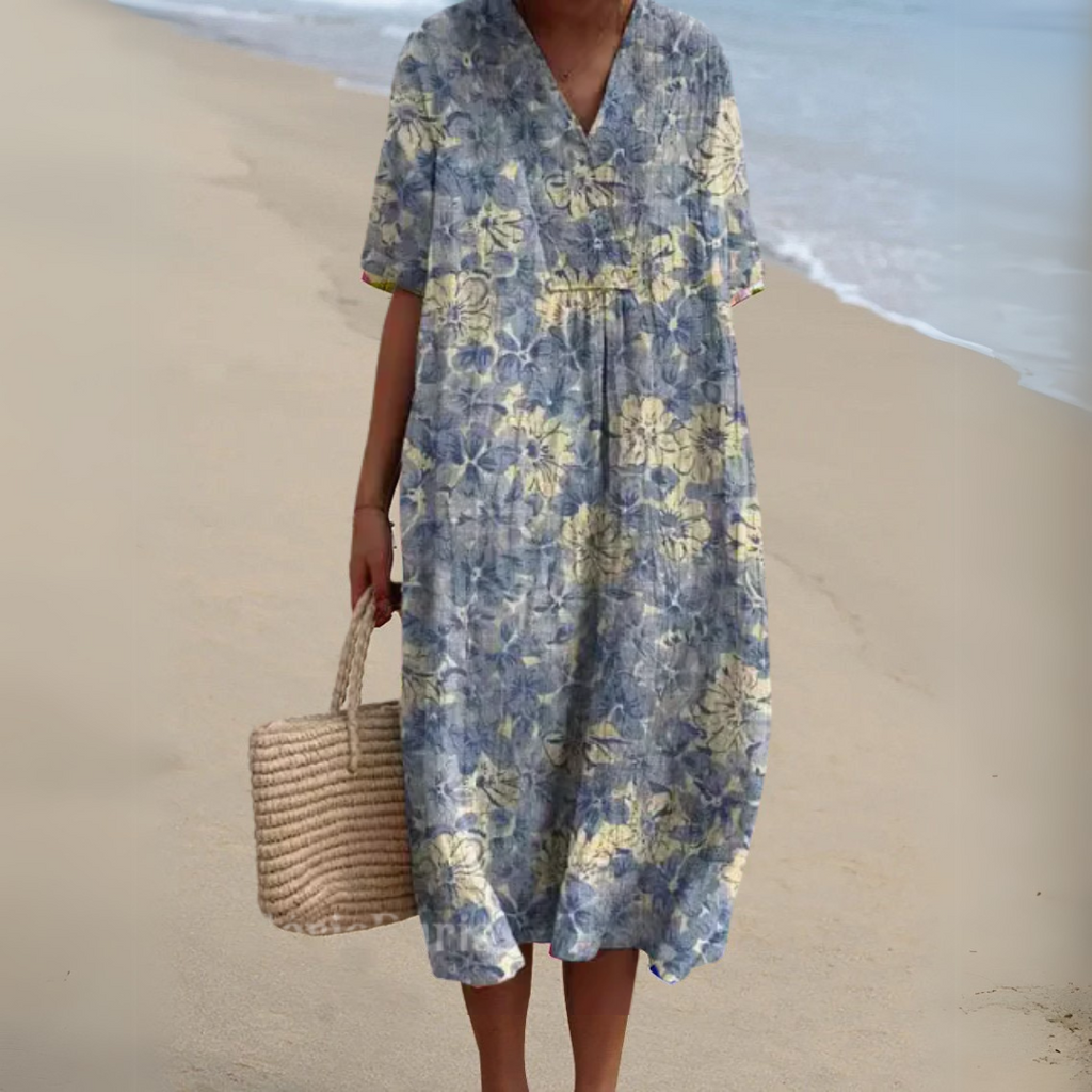 Floral Midi Dress Short Sleeve V-Neck Relaxed Fit