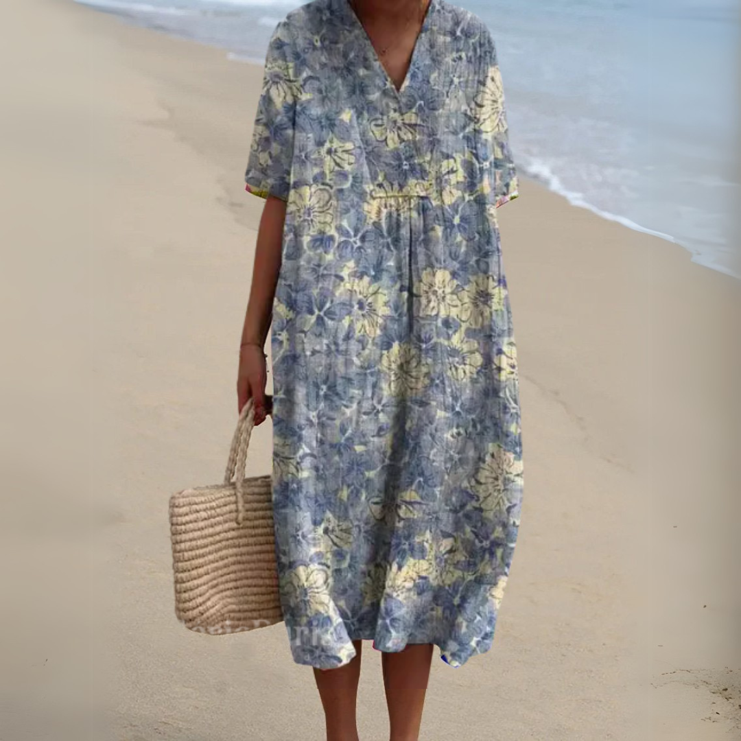 Floral Midi Dress Short Sleeve V-Neck Relaxed Fit