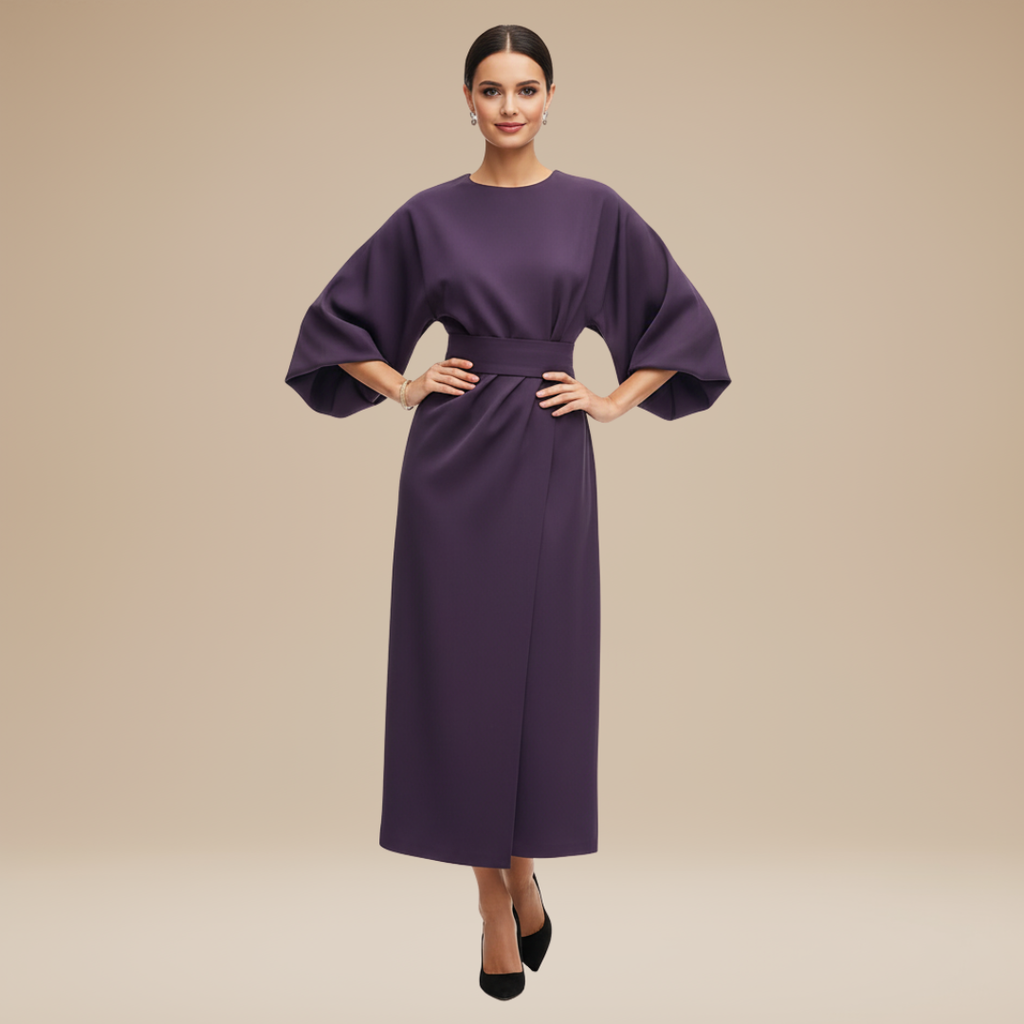 Belted Wide Sleeve Wrap Midi Dress Elegant