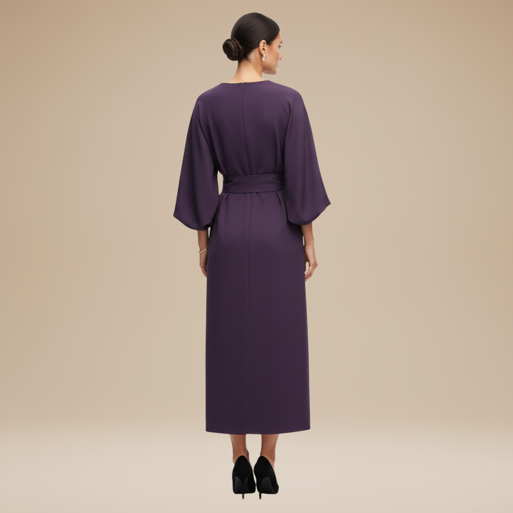 Belted Wide Sleeve Wrap Midi Dress Elegant