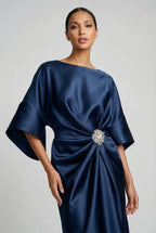 Wedding Guest Midi Dress Batwing Satin Jewel