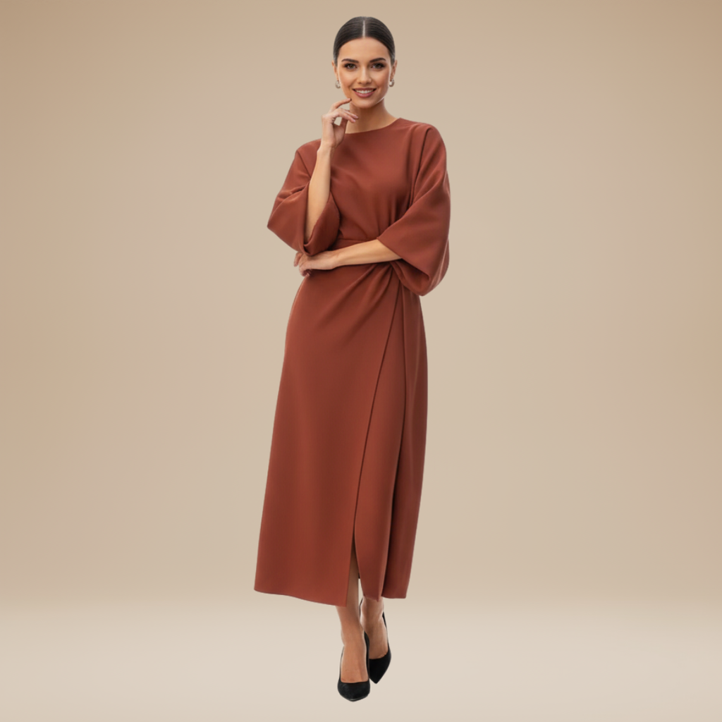 Belted Wide Sleeve Wrap Midi Dress Elegant