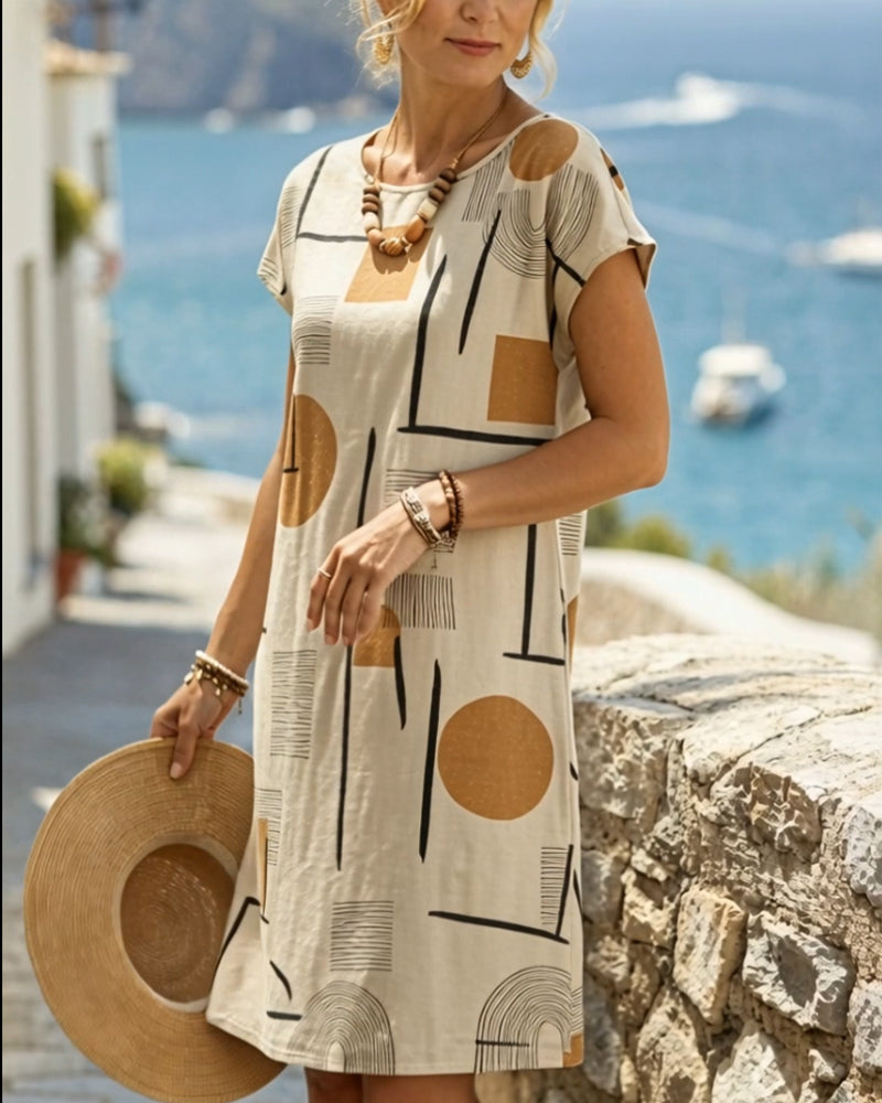 Abstract Geometric Print Shift Mini Dress V-Neck