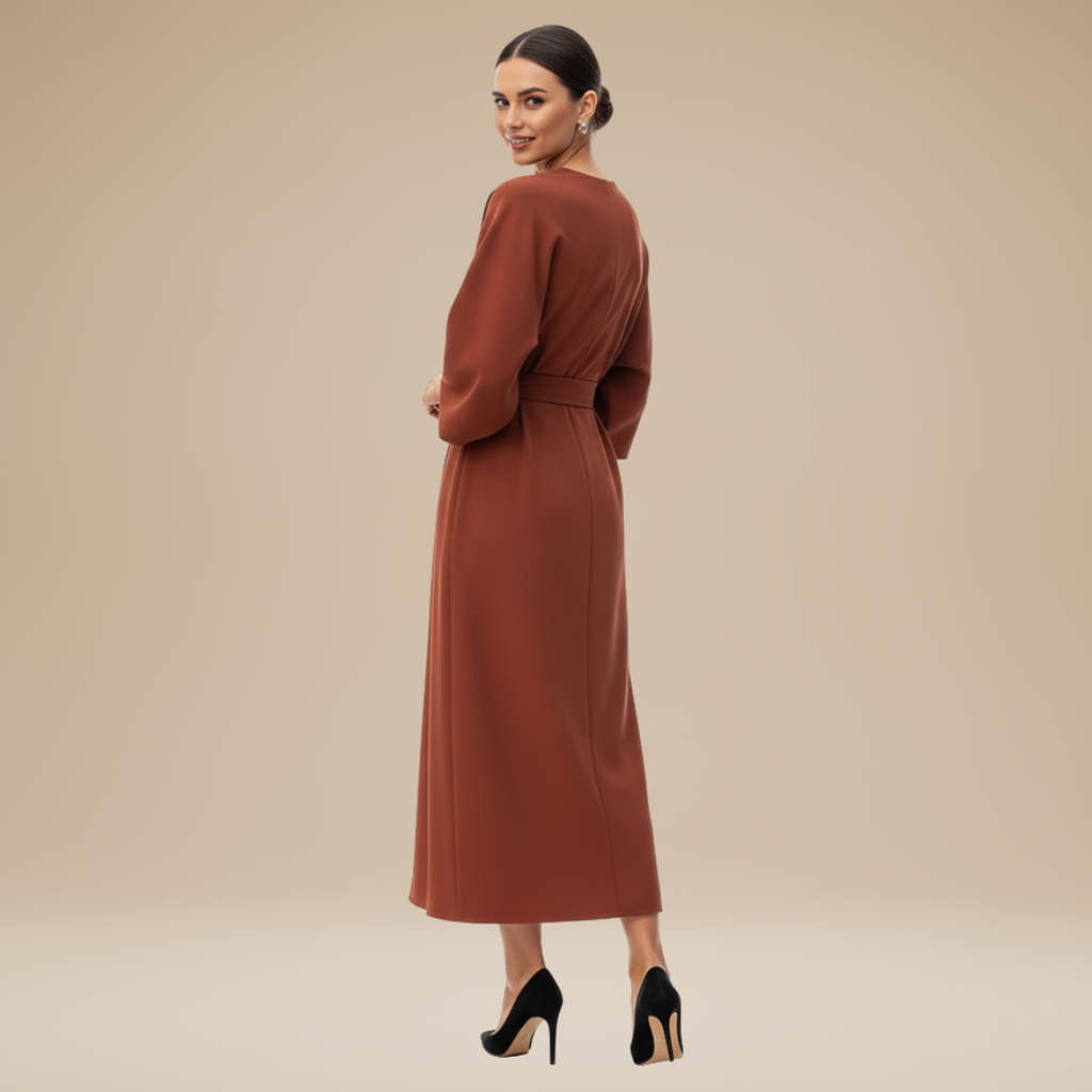 Belted Wide Sleeve Wrap Midi Dress Elegant