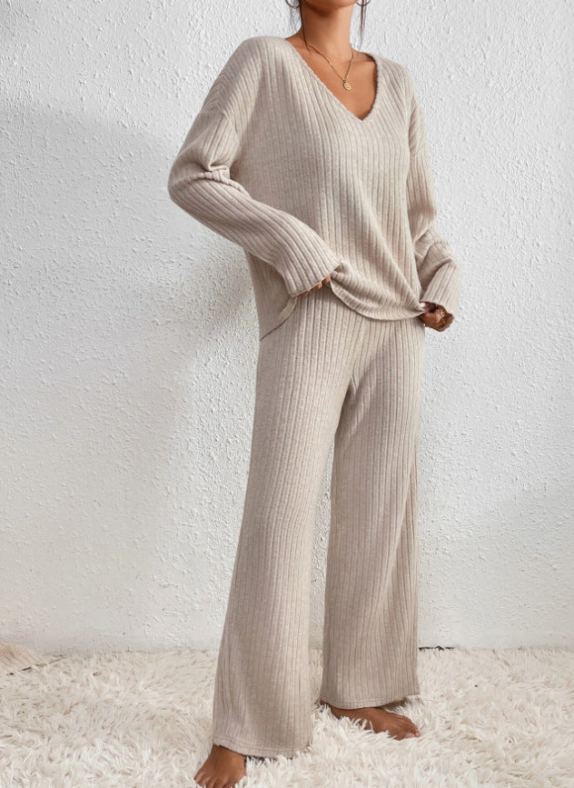 Knitted Two Piece Set V Neck Jumper Trousers Loungewear