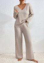 Knitted Two Piece Set V Neck Jumper Trousers Loungewear