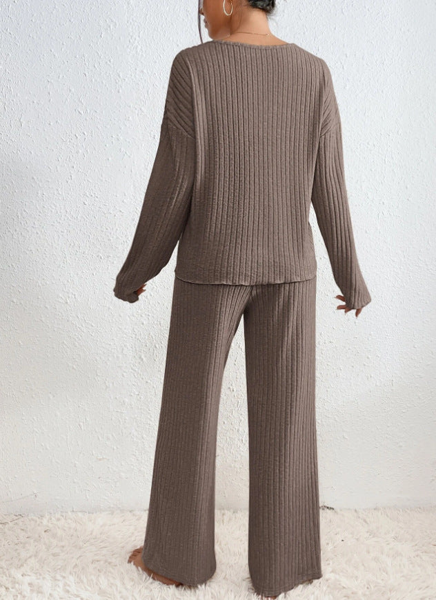Knitted Two Piece Set V Neck Jumper Trousers Loungewear
