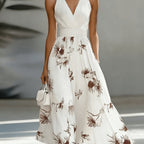 Backless Ruched Floral Maxi Dress Flared Patchwork