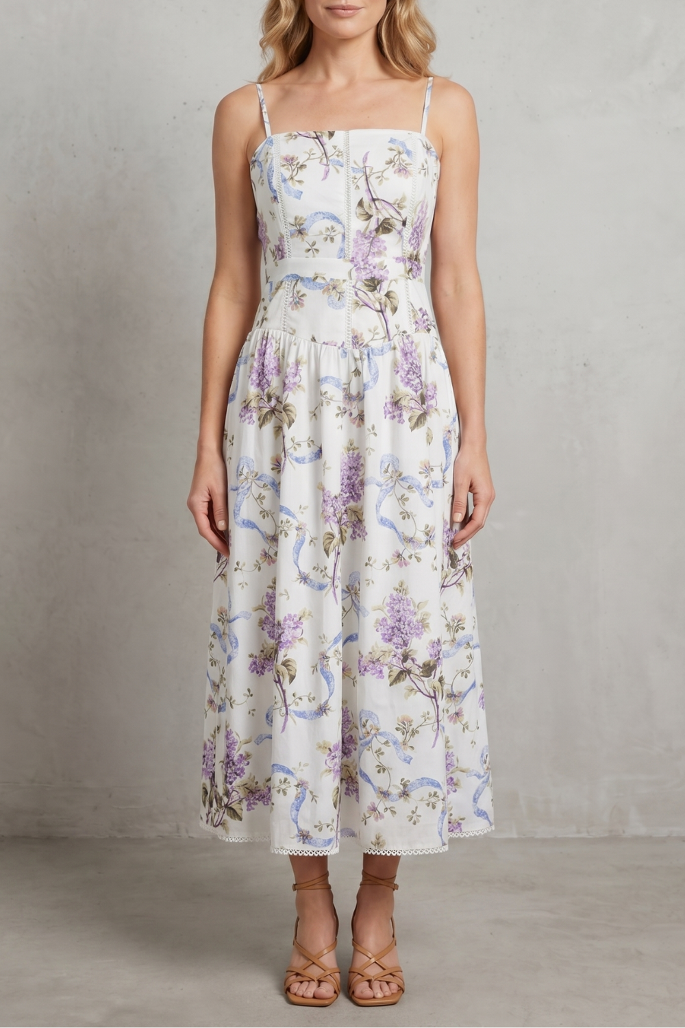 Square Neck Floral Midi Dress