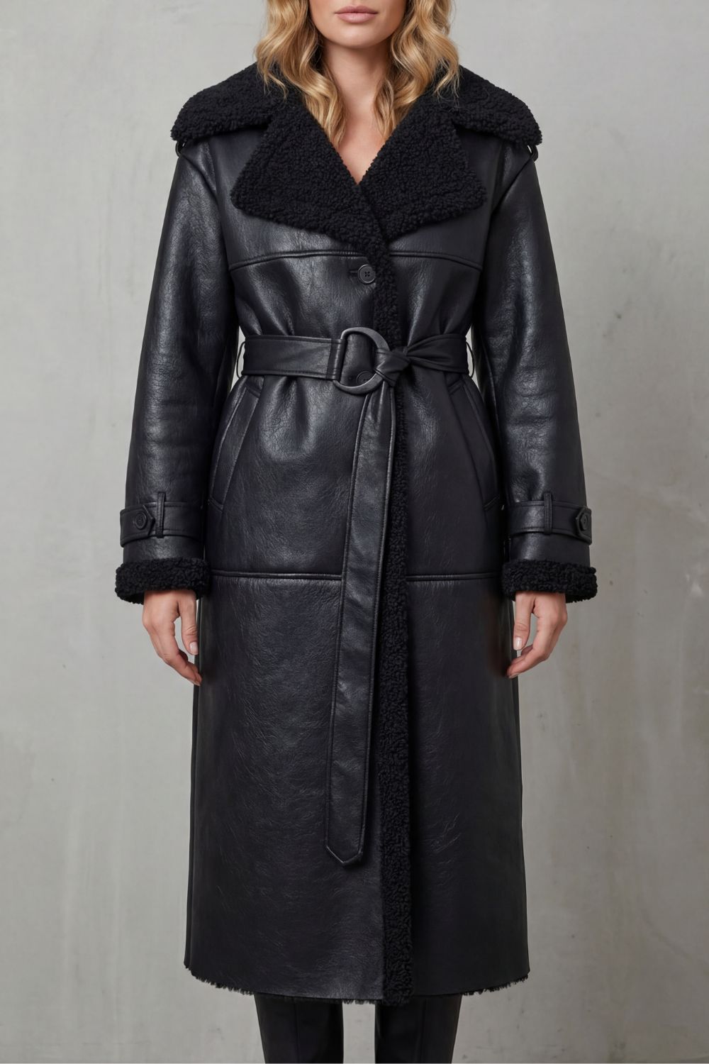 Oversized Faux Leather Shearling Coat