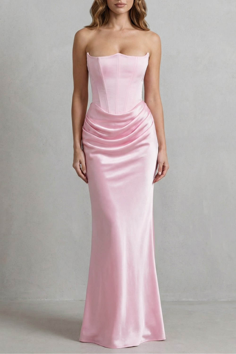 Satin Floor Length Strapless Corset Maxi Dress