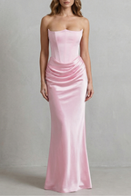 Satin Floor Length Strapless Corset Maxi Dress