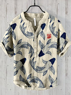 Japanese Art Print Linen Shirt Casual Statement