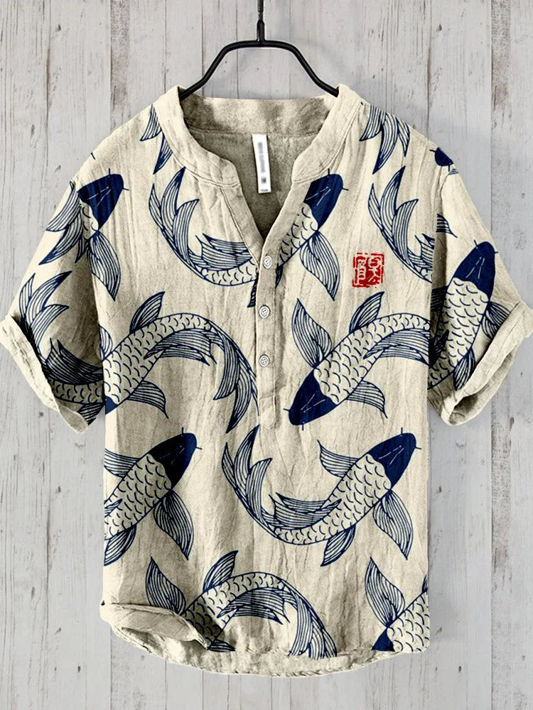 Japanese Art Print Linen Shirt Casual Statement